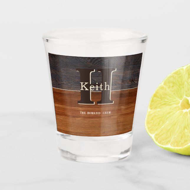 Modern Monogram Rustic Wood Tone Brown  Shot Glass (Front)