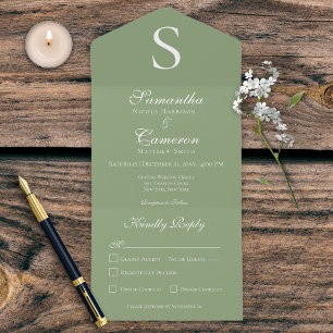 Modern Monogram Sage Green Dinner All In One Invitation