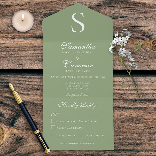 Modern Monogram Sage Green Dinner All In One Invitation (Creator Uploaded)