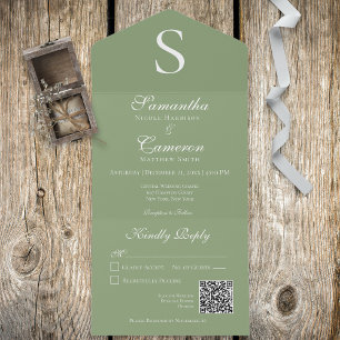 Modern Monogram Sage Green QR Code All In One Invitation