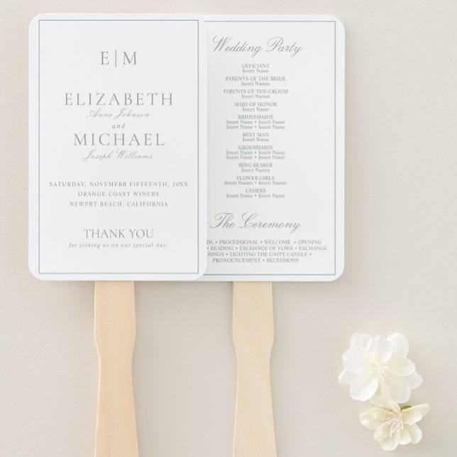 Modern Monogram Sage Green Script Wedding Program Hand Fan (Wedding Program Hand Fan)