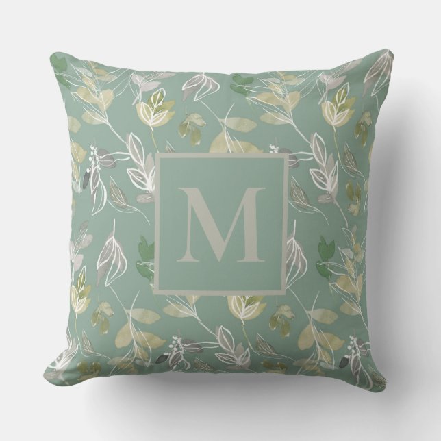 Modern Monogram Sage Green Silver Leaves Foliage  Cushion (Front)