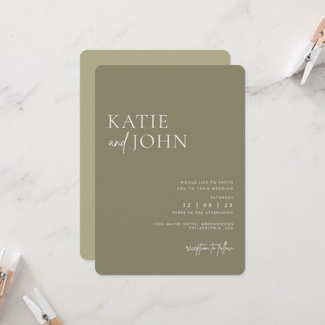 Modern Monogram Sage Green Wedding Invitation (Front/Back In Situ)