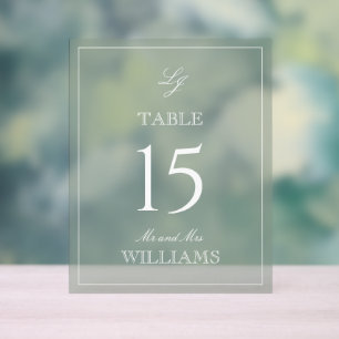 Modern Monogram Sage Green Wedding Table Number Acrylic Sign