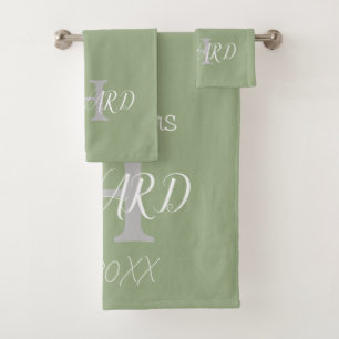 Modern Monogram Sage Green White Wedding Bath Towel Set
