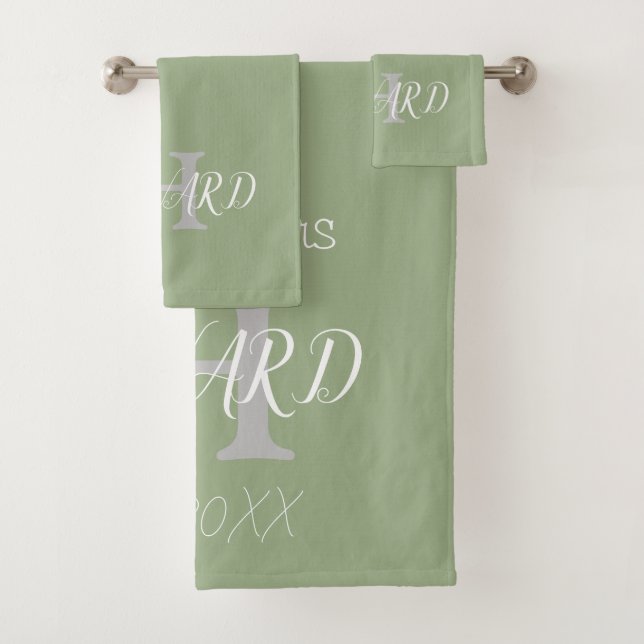 Modern Monogram Sage Green White Wedding Bath Towel Set (Insitu)