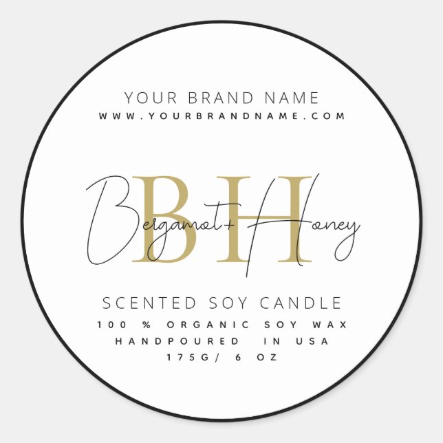 Modern monogram script black border candle label (Front)