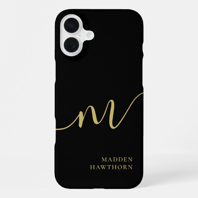 Modern Monogram Script Calligraphy Black Gold iPhone Case (Back)