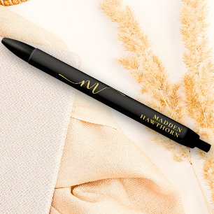 Modern Monogram Script Calligraphy Black Gold Name Black Ink Pen