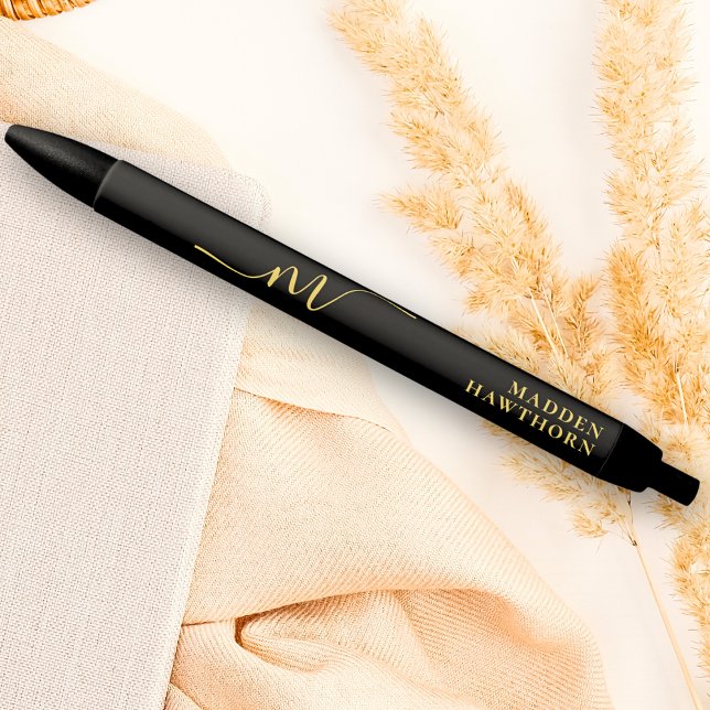 Modern Monogram Script Calligraphy Black Gold Name Black Ink Pen (Creator Uploaded)