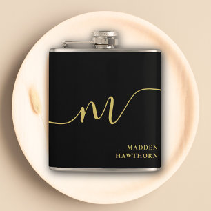 Modern Monogram Script Calligraphy Black Gold Name Hip Flask