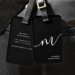 Modern Monogram Script Calligraphy Black Luggage Tag