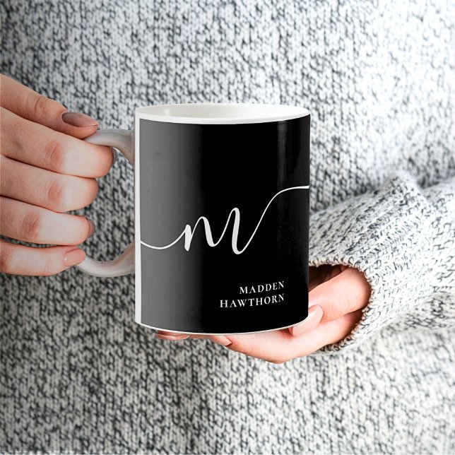 Modern Monogram Script Calligraphy Black White Coffee Mug (Creator Uploaded)