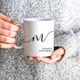Modern Monogram Script Calligraphy Black White Coffee Mug