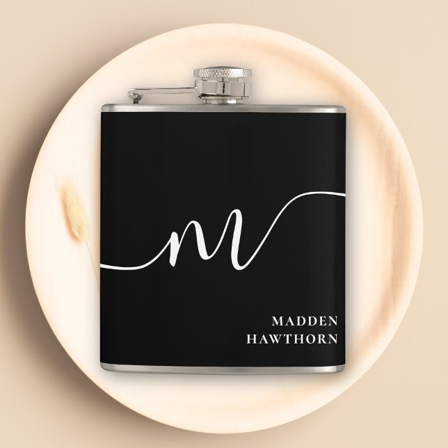 Modern Monogram Script Calligraphy Black White Hip Flask (Creator Uploaded)