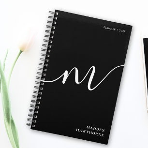 Modern Monogram Script Calligraphy Black White Planner