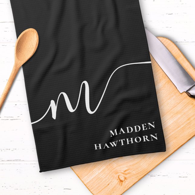 Modern Monogram Script Calligraphy Black White Tea Towel (Creator Uploaded)