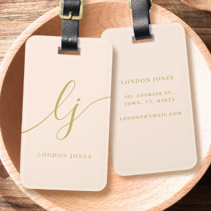 Modern Monogram Script Calligraphy Blush Pink Gold Luggage Tag