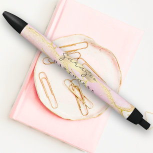 Modern Monogram Script Chic Girly Pink Gold Foil Black Ink Pen