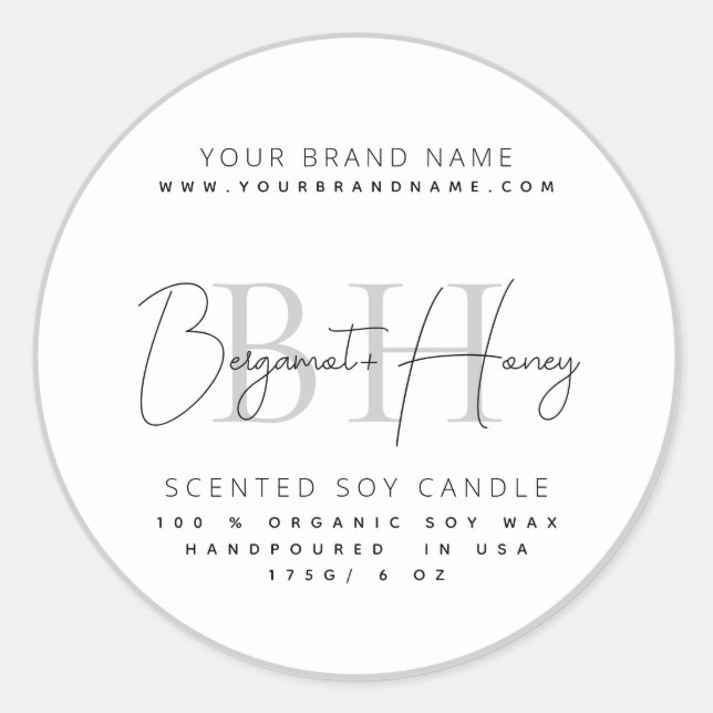 Modern monogram script grey border candle label (Front)