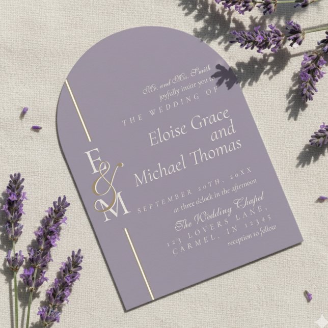 Modern Monogram Script Lavender Arch Wedding Invitation (Announce your special day with this luxurious Monogram Script Lavender Arch Wedding Invitation!)