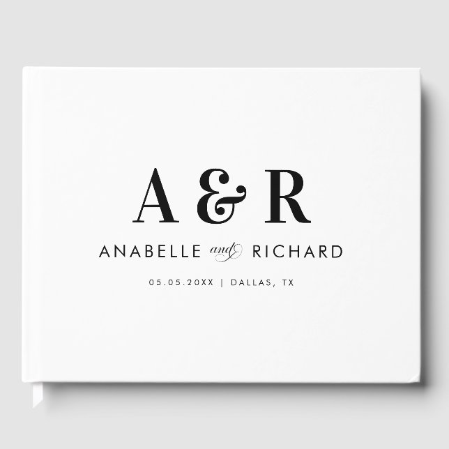Modern Monogram & Script Minimalist White Wedding  Guest Book (Front)