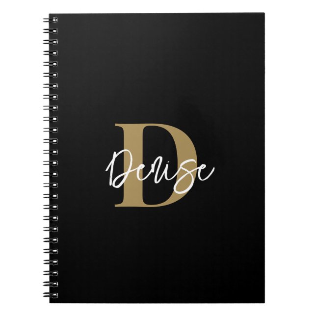 Modern Monogram Script Name Black Gold Notebook (Front)