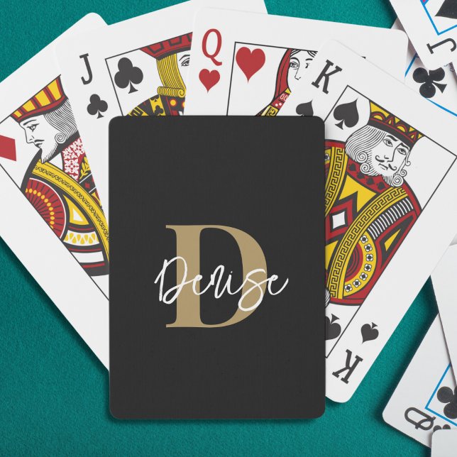 Modern Monogram Script Name Black Gold Playing Cards (Creator Uploaded)