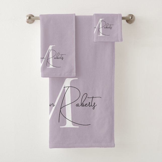  Modern monogram script name logo lavender Bath Towel Set (Insitu)