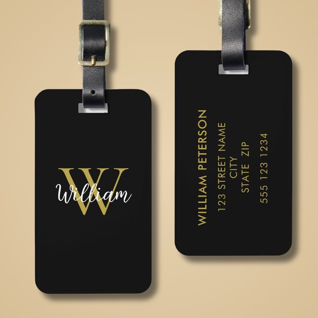 Modern Monogram Script Name Luggage Tag (Monogran Script Luggage Tag in black and gold with personalized name and text.)