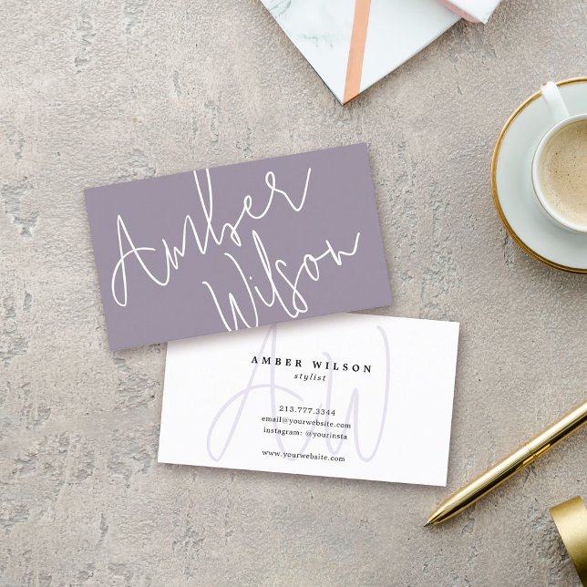 Modern Monogram Script Stylish Trendy Purple Business Card ( Go ahead, say "hello" in style!)