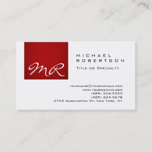 Modern Monogram Script White Red Business Card