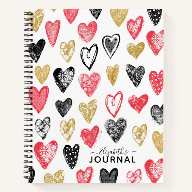 Modern Monogram Script Your Name Heart Pattern Notebook (Front)