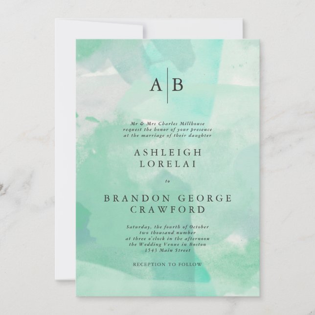 Modern Monogram Sea Foam Watercolor Wedding Invitation (Front)