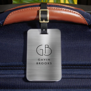 Modern Monogram Silver Grey Brushed Metallic Luggage Tag