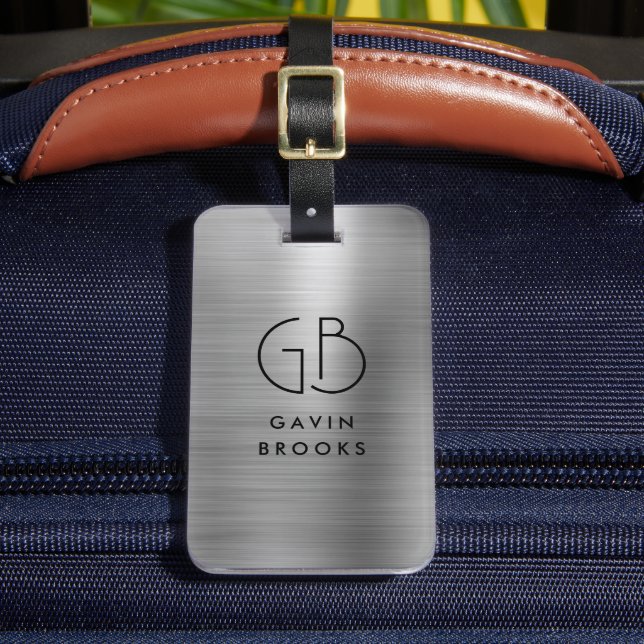 Modern Monogram Silver Grey Brushed Metallic Luggage Tag (Front Insitu 2)