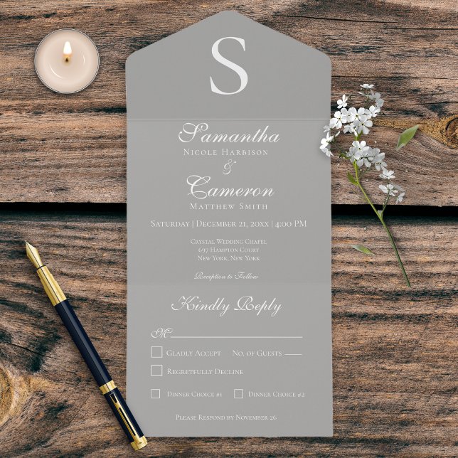 Modern Monogram Silver Grey Dinner All In One Invitation (Creator Uploaded)