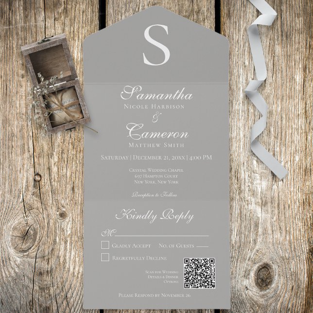 Modern Monogram Silver Grey QR Code All In One Invitation (Creator Uploaded)