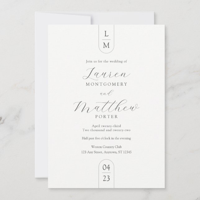 Modern Monogram Simple Black and White Wedding Invitation (Front)