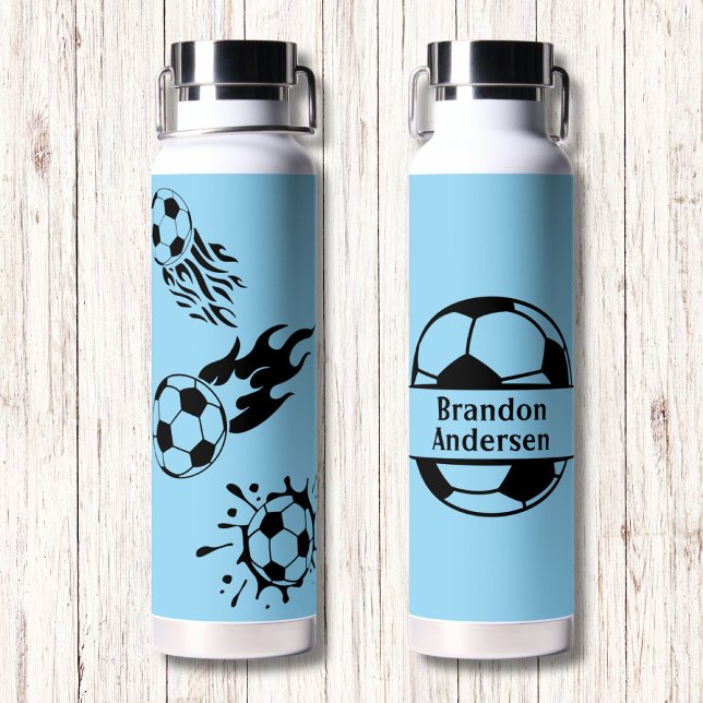 Modern Monogram Soccer Lover Blue Black Water Bottle (Creator Uploaded)