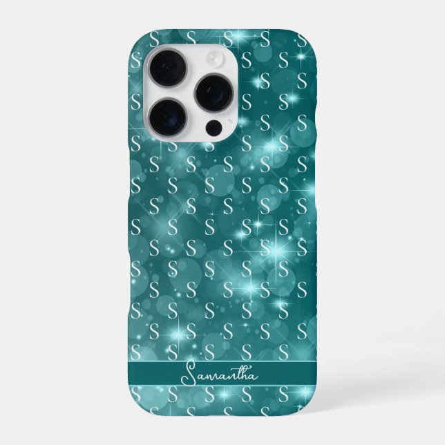Modern Monogram Sparkle Ocean Blue iPhone Case (Back)