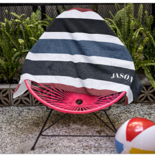 Modern Monogram Striped Black White Blue Red  Beach Towel