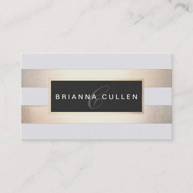 Modern Monogram Striped Gold Foil (image)  Black Business Card (Front)