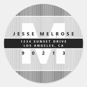 Modern Monogram & Stripes B&W Grey Return Address Classic Round Sticker
