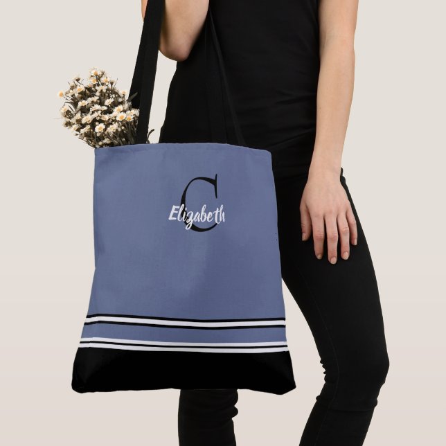 Modern Monogram Stripes Black Blue Tote Bag (Close Up)
