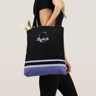 Modern Monogram Stripes Black Periwinkle  Tote Bag