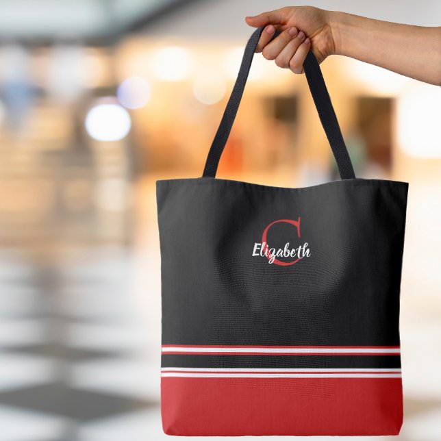 Modern Monogram Stripes Black Red  Tote Bag (Creator Uploaded)