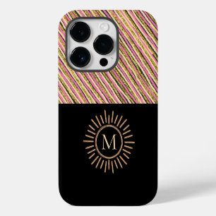 Modern Monogram Stripes Yellow Gold Black iPhone 14 Pro Case