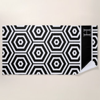 Modern Monogram stylish Black and white bathroom Beach Towel