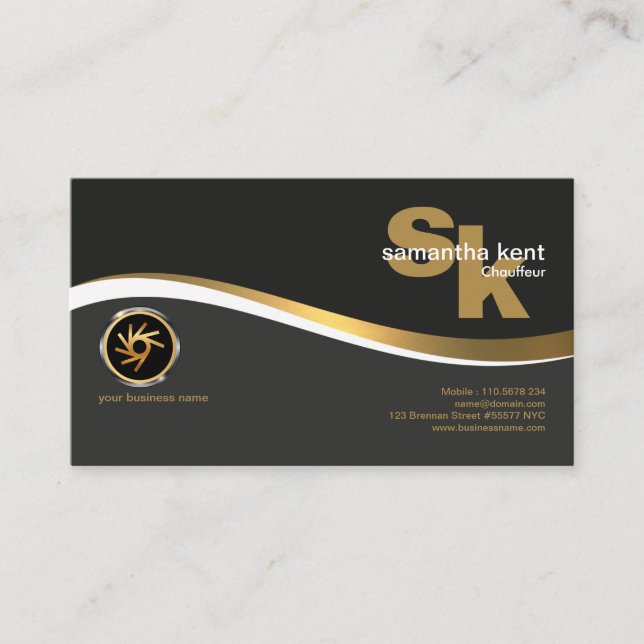 Modern Monogram Stylish Gold Wave Chauffeur Business Card (Front)